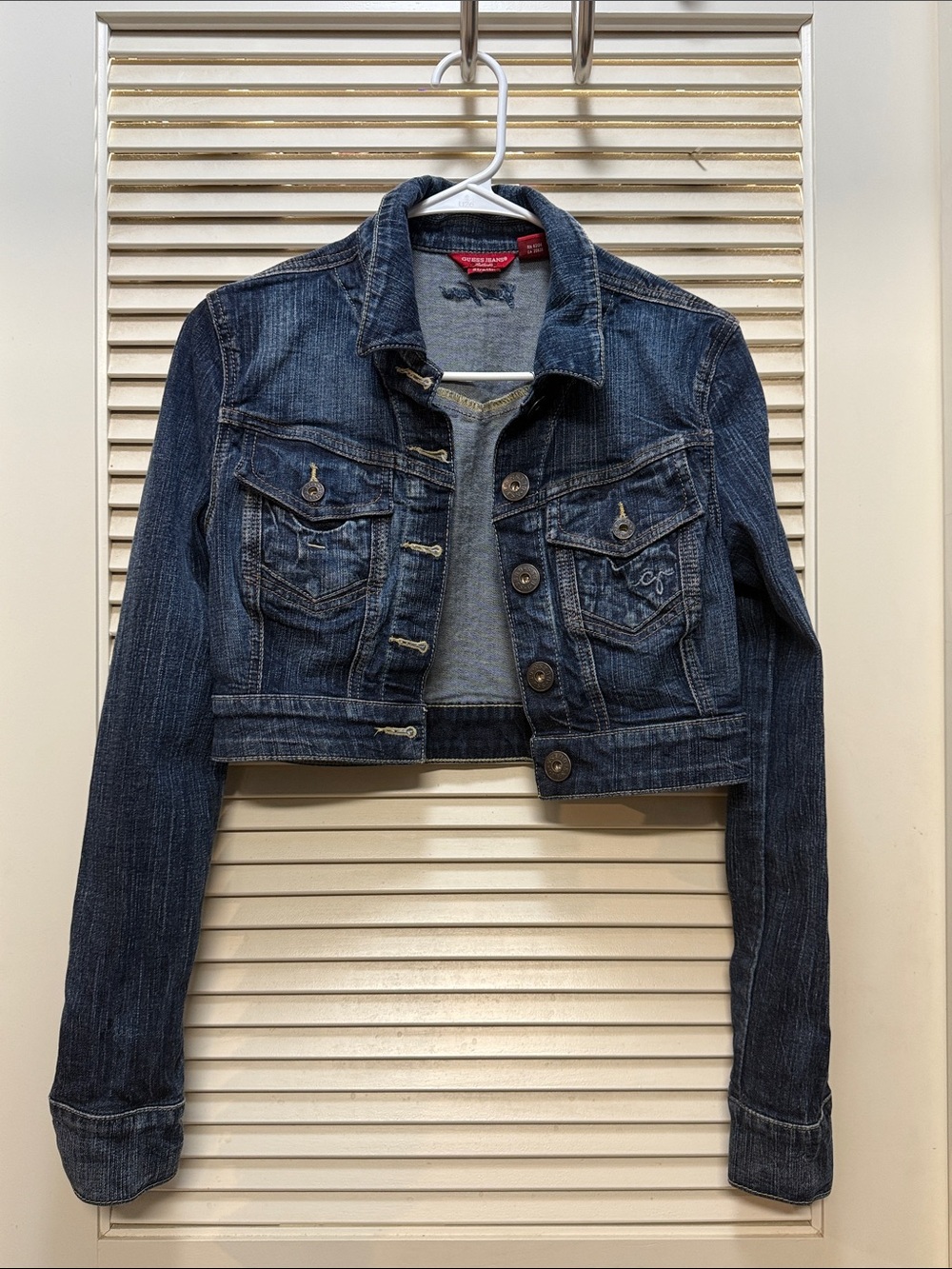 GUESS Vintage Dark Blue Cropped Denim Jacket stretch material